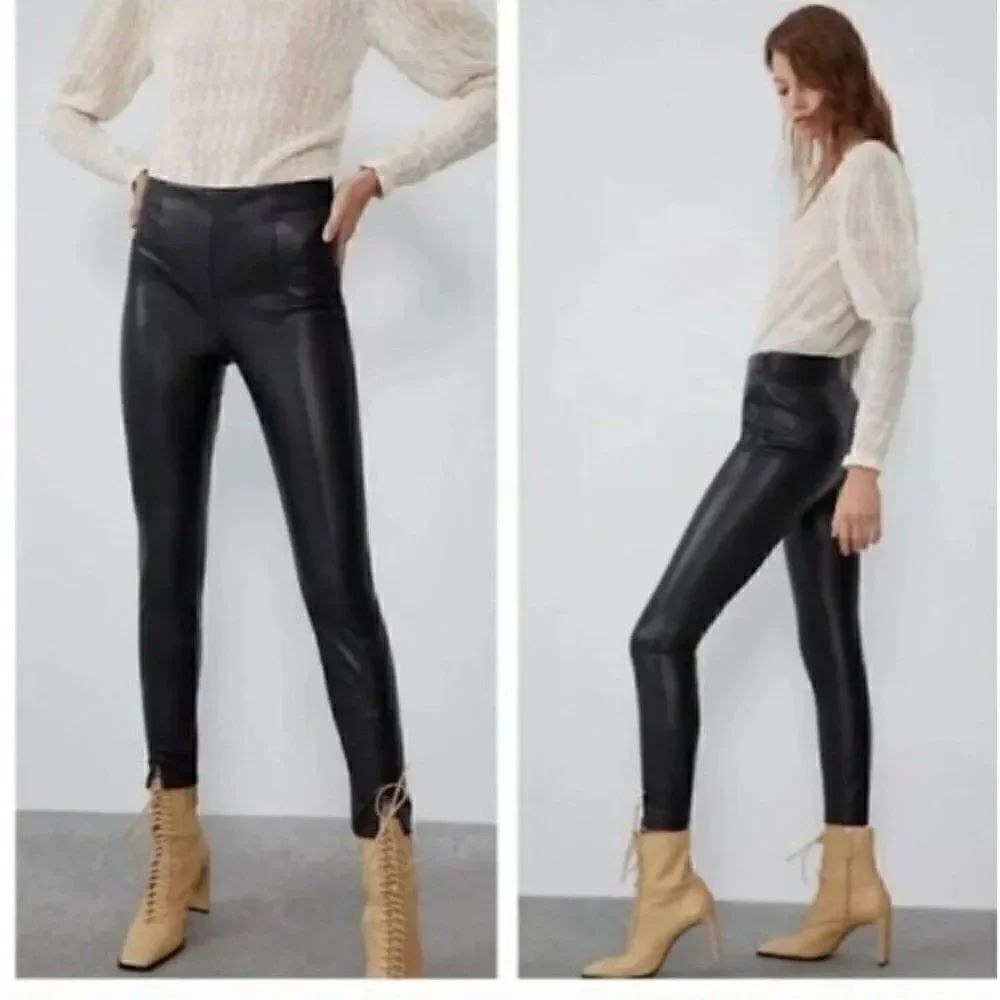 Zara Faux Leather High Rise Zipper Ankle Black Pants Women Size L